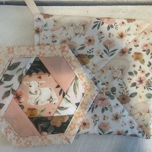 Floral Lamb Quilted Pouch and Hexagon Coaster Set - Pink & Cream